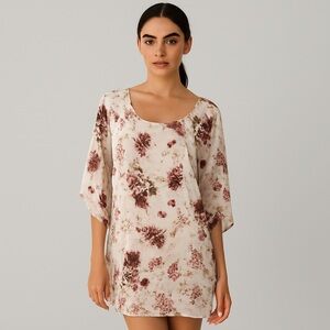 Neineiwu XL Floral Blouse Sheer Overlay Blush Beige Pink Rose Print 3/4 Sleeve